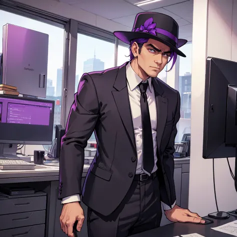 mafia boss gangster white office black suit purple tie man
