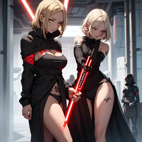 The girl is a Sith lord. She is wearing a black top and underpants. her skin is covered with black tattoos. She has red-yellow eyes. She holds a red lightsaber in each hand. She has short blond hair 