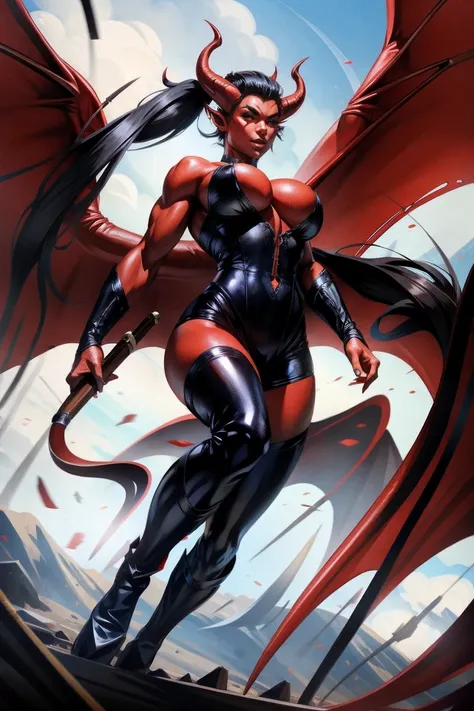 Red skin succubus tiefling, medium breasts, black horns, wings, huge tail, black leather, tall, toned, graceful, thin, long black ponytail. Action scene, shotgun.