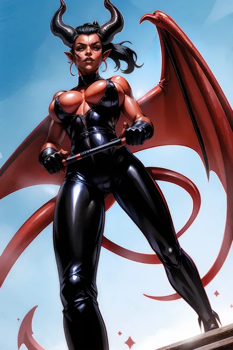 Red skin succubus tiefling, medium breasts, black horns, wings, huge tail, black leather, tall, toned, graceful, thin, long black ponytail. Action scene, shotgun.