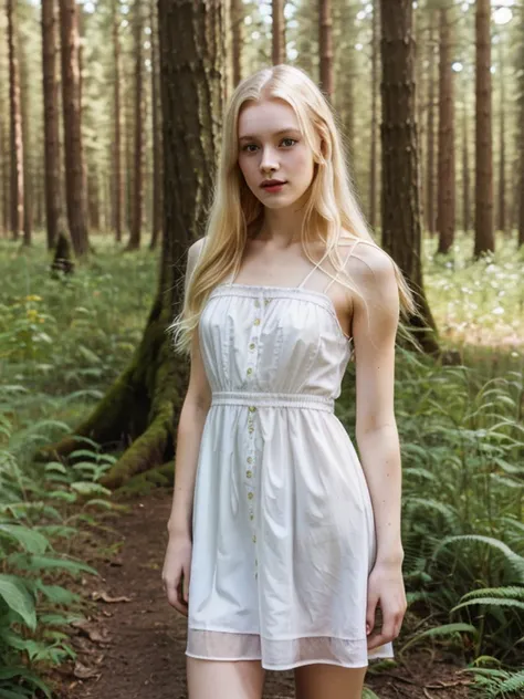 girl, blonde, young, pale skin, dress, outdoors, forest, sunny