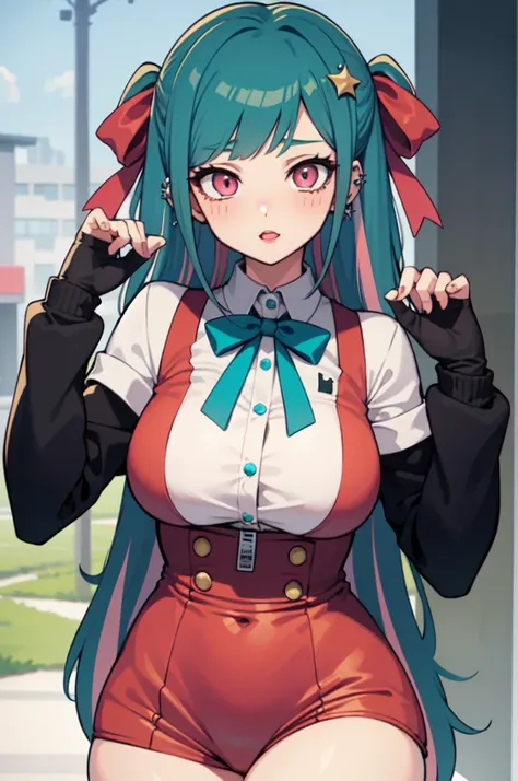 a girl from the danganronpa anime with long turquoise blue hair with green and pink streaks, pink eyes with stars,medium big tits, danganronpa academy uniform , piercings, thick red lips, doing ahegao