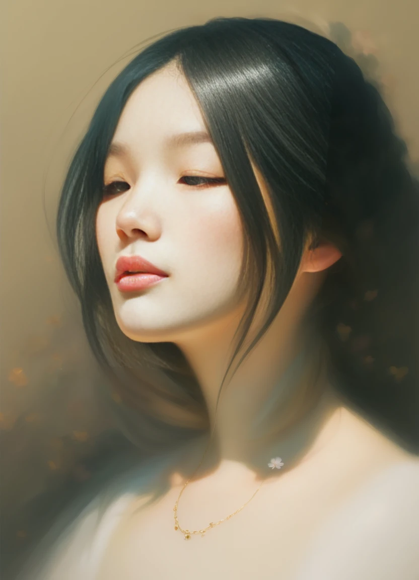 (mist:1.5)，Soft space，Soft tones，dream，Hazy and mysterious，大量mist和白色小花覆盖，Modern illustration elements。Tranquility、Pure atmosphere，blond woman with white flowers covering her face and eyes, inspired by Hsiao-Ron Cheng, inspired by Yanjun Cheng, by Ayami Koj...