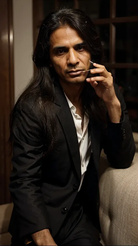 Jaun Elia in long hair, smoking cigarette, In Suit, sleaves up.