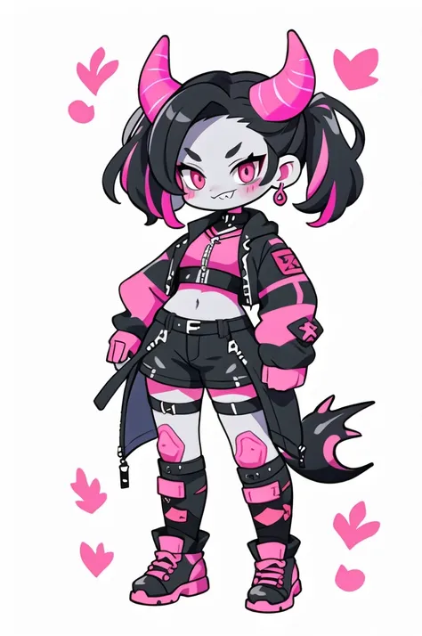 half dragon female with grey skin, with black hair pigtails style, with pink streaks, sharp teeth, biker outfit, dragon tail and dragon horns
