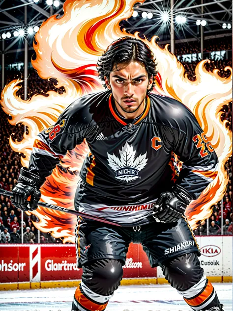 A fierce hockey player, whose ethnicity isnt specified, in competitive action, is dramatically surrounded by glowing, pulsating flames of intense red and orange colors, perfectly encapsulating the energetic spirit and passion of his sport. The picture sett...