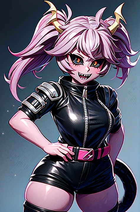 half dragon female with grey skin, with black hair pigtails style, with pink streaks, sharp teeth, biker outfit, dragon tail and dragon horns
