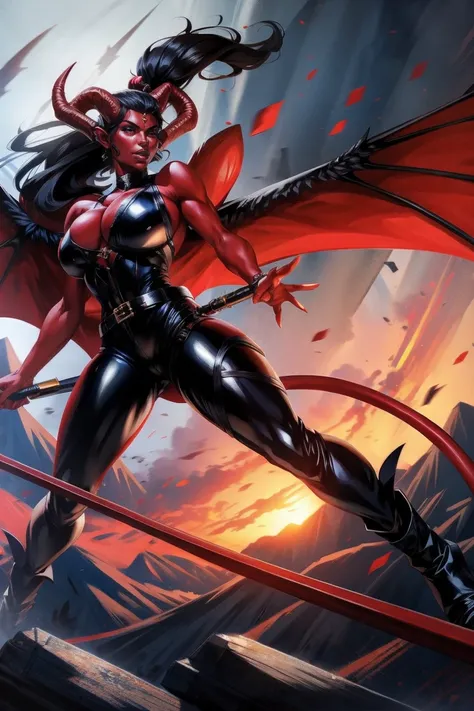 Red skin succubus tiefling, medium breasts, black horns, wings, huge tail, black leather, tall, toned, graceful, thin, long black ponytail. Action scene, shotgun.