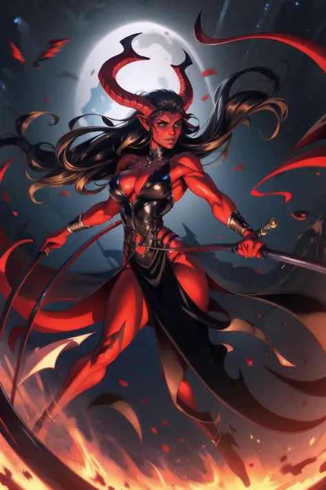 Red skin succubus tiefling, medium breasts, black horns, wings, huge tail, black leather, long flowing pelvic curtain, tall, toned, graceful, thin, long black ponytail. Action scene, whip. Dark scene, explosions, night sky.