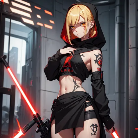 The girl is a Sith lord. She is wearing a black top and underpants. her skin is covered with black tattoos. She has red-yellow eyes. She holds a red lightsaber in each hand. She has short blond hair 