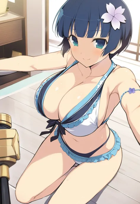 masterpiece, best quality, 
yozakura (senran kagura), 1girl, breasts, solo, 
short hair, blue hair, flower, blue eyes, large breasts, hair ornament, 
hair flower, navel, midriff, bare legs, cleavage, emblem, smile, 
bikini, 
pov, 