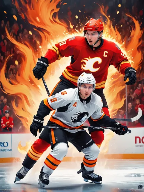 A fierce hockey player, whose ethnicity isnt specified, in competitive action, is dramatically surrounded by glowing, pulsating flames of intense red and orange colors, perfectly encapsulating the energetic spirit and passion of his sport. The picture sett...