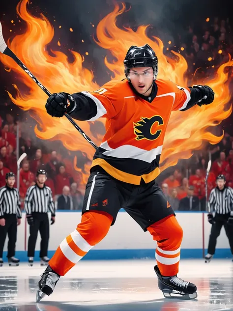 A fierce hockey player, whose ethnicity isnt specified, in competitive action, is dramatically surrounded by glowing, pulsating flames of intense red and orange colors, perfectly encapsulating the energetic spirit and passion of his sport. The picture sett...