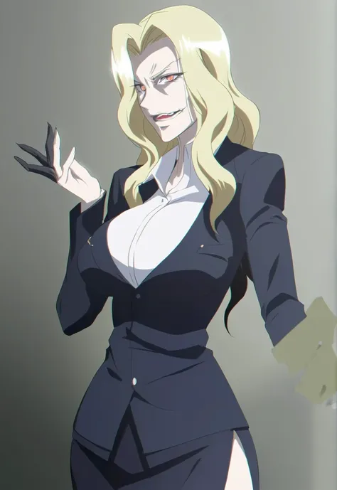 Make a old evil military blonde anime woman in a dark skirt suit  