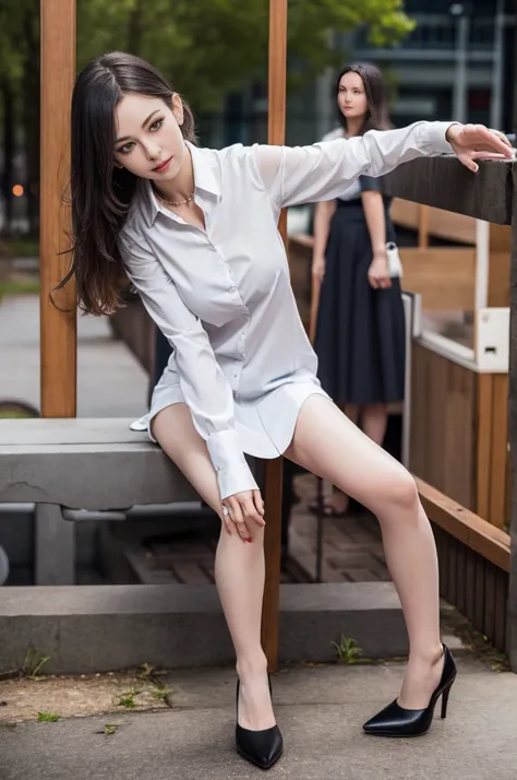 film grain, depth of field, low light:1.2), wearing a white button up shirt, partially open blouse, black skirt, black pantyhose, high heels, designer shoes, full frontal view, slightly spread legs, (looking at viewer), perfect makeup, long eyelashes, eyel...