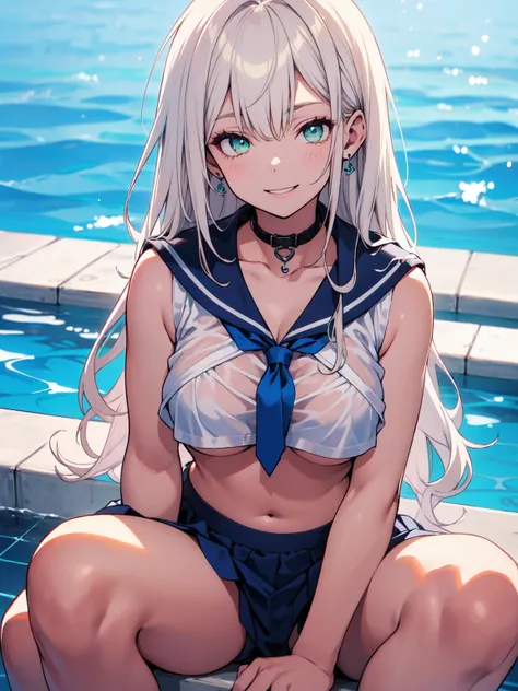 1 lady, HD quality, anime, solo full body shot, (sitting with hands back:1.3), (open legs to limit:1.5), (with one knee up:1.3), showing  pubic area:, (under boob:1.6), Large breasts, (cleavage), smiling, (thin thighs:1.3), (Sailor uniform only for the upp...