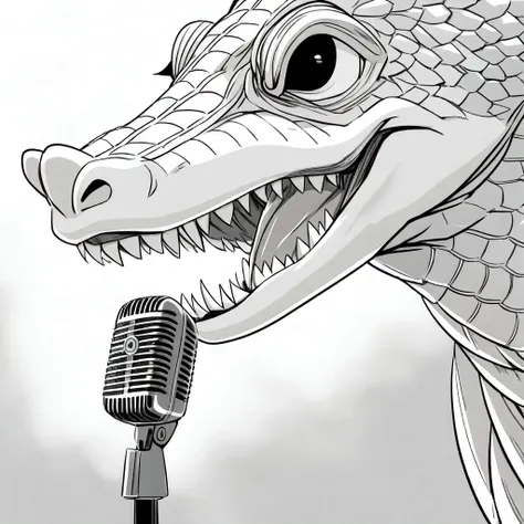 
Cartoon style 
crocodile sings a song into a microphone. 
he wears sunglasses.
The character is two-heads tall.
monochrome