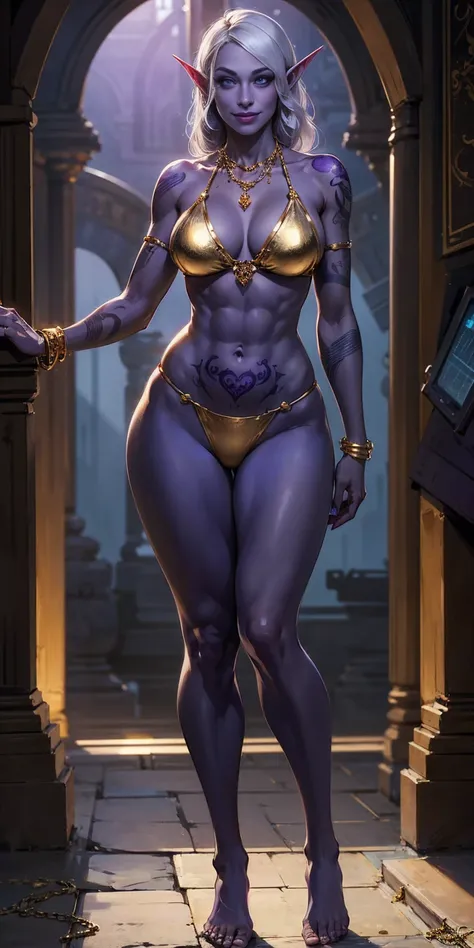 ((1 girl)) full body standing barefoot, gray skin, drow, elf, Madura, Detailed happy face, purple eyes, by white, bikini purpura, well defined six pack abs, Large knockers, gold chain necklace, stomach tattoo (red tattoo)