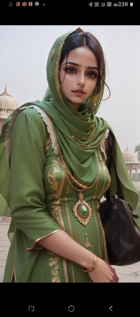 A beautiful grile ,india wear , Indian queen, beautiful eyes, neck pendant, a green kurta , brown shainy hairs, silky hair, green tree background, sony , canon, f.1.4, nikon bokhe , blur , futuristic, realistic, daylight,realface