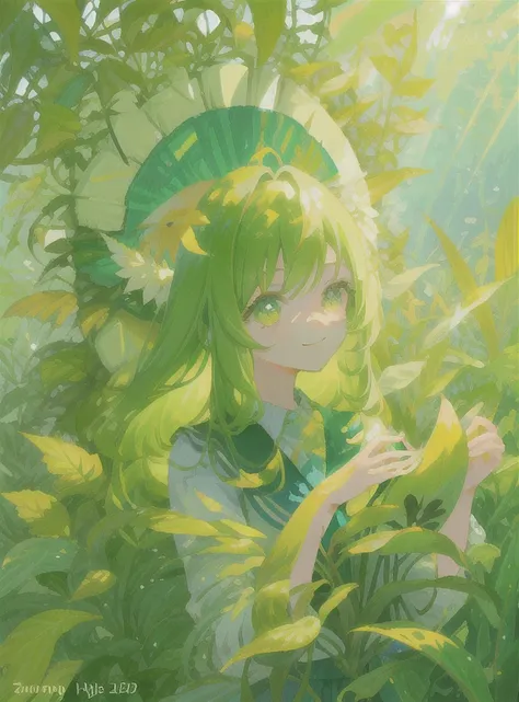 Illustration of sunny day, green nature and relaxing plants 1 Youthful and angelic look of girl (child) long hair ((Focus on the face)) Between giant leaves in the shade that protect from the strong sun, smiling plants with bright colors and high-quality s...