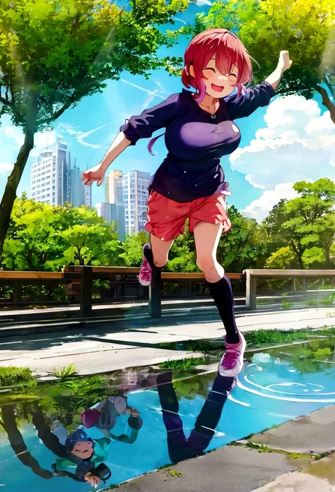 running in the park, big breasts, little clothes, colorful image, happy face, very sunny day, running over a puddle of water