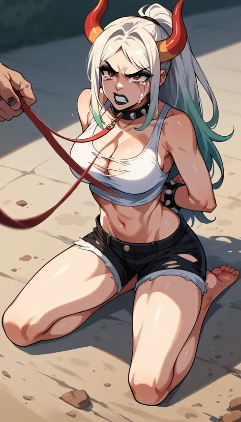 Yamato, barefoot, white crop-top, short shorts, cleavage, black lipstick, black eyeliner, black nails, dirt road, countryside, angry, crying, spiked collar, spiked wrist bracelets, leash on collar, spiked ankle bracelets, wrists tied up, ripped clothes 