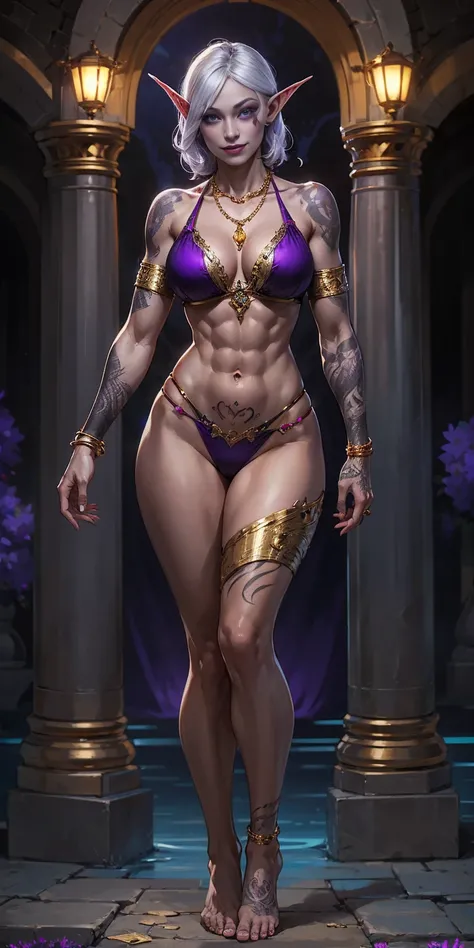 ((1 girl)) full body standing barefoot, gray skin, drow, elf, Madura, Detailed happy face, purple eyes, by white, bikini purpura, well defined six pack abs, Large knockers, gold chain necklace, stomach tattoo (red tattoo)