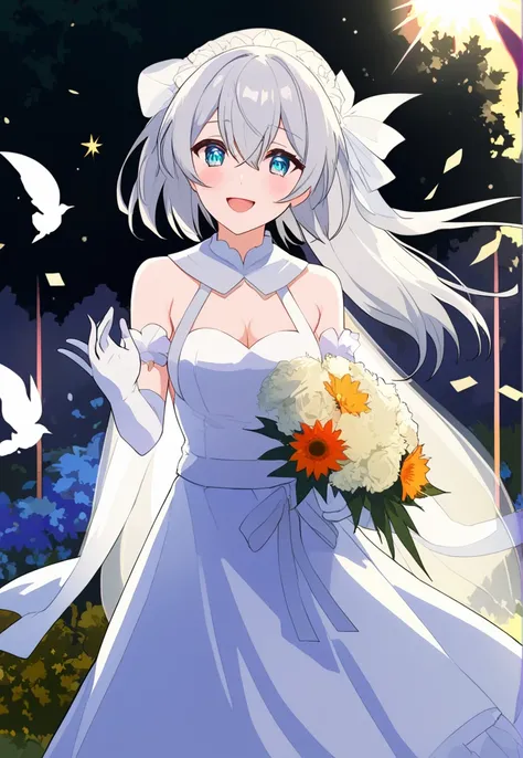 score_9, score_8_superior, score_7_superior, Wedding dress, White gloves, White Dress, garden, Are standing, Cowboy Shot, Holding a bouquet, smile, Open your mouth, Confetti, fire Fly (Honkai: Star Rail), hair ornaments,Black hair band, Larger breasts, Nic...