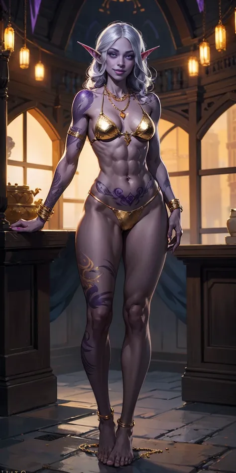 ((1 girl)) full body standing barefoot, gray skin, drow, elf, Madura, Detailed happy face, purple eyes, by white, bikini purpura, well defined six pack abs, Large knockers, gold chain necklace, stomach tattoo (red tattoo) flat bottom