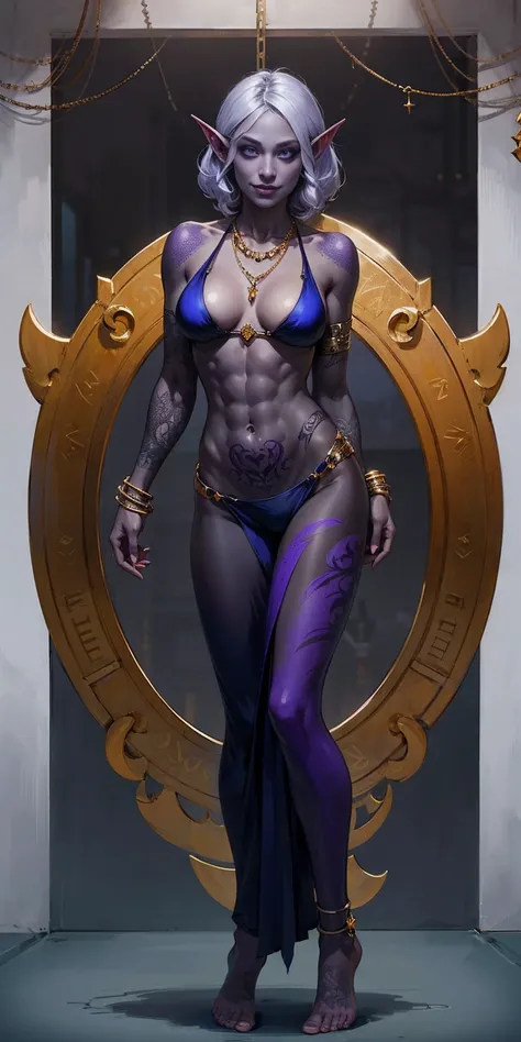 ((1 girl)) full body standing barefoot, gray skin, drow, elf, Madura, Detailed happy face, purple eyes, by white, bikini purpura, well defined six pack abs, Large knockers, gold chain necklace, stomach tattoo (red tattoo) flat bottom