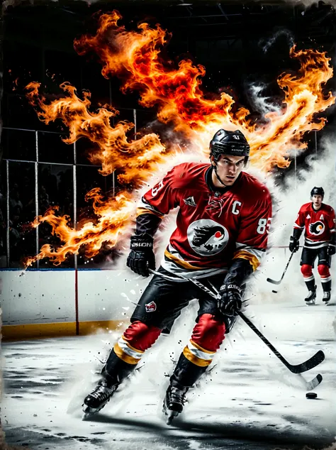 A fierce hockey player, whose ethnicity isnt specified, in competitive action, is dramatically surrounded by glowing, pulsating flames of intense red and orange colors, perfectly encapsulating the energetic spirit and passion of his sport. The picture sett...