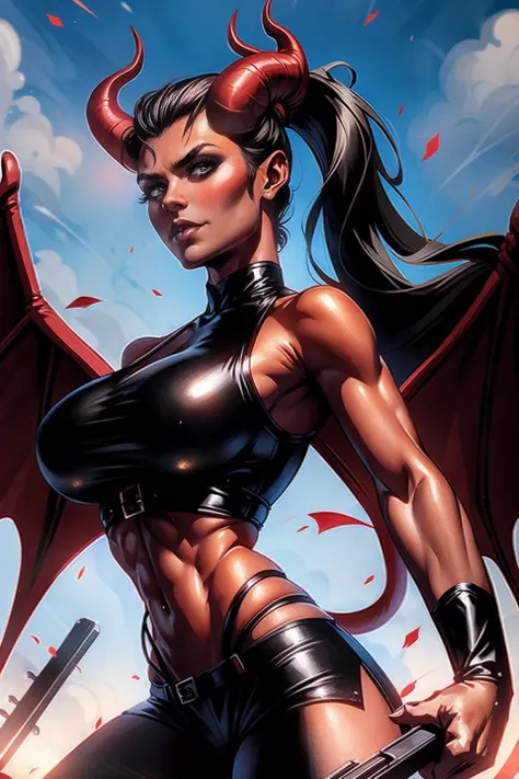 Red skin succubus tiefling, medium breasts, black horns, wings, huge tail, black leather, crop top, tall, toned, graceful, thin, long black ponytail. Action scene, shotgun.