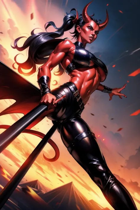 Red skin succubus tiefling, medium breasts, black horns, wings, huge tail, black leather, crop top, tall, toned, graceful, thin, long black ponytail. Action scene, shotgun.