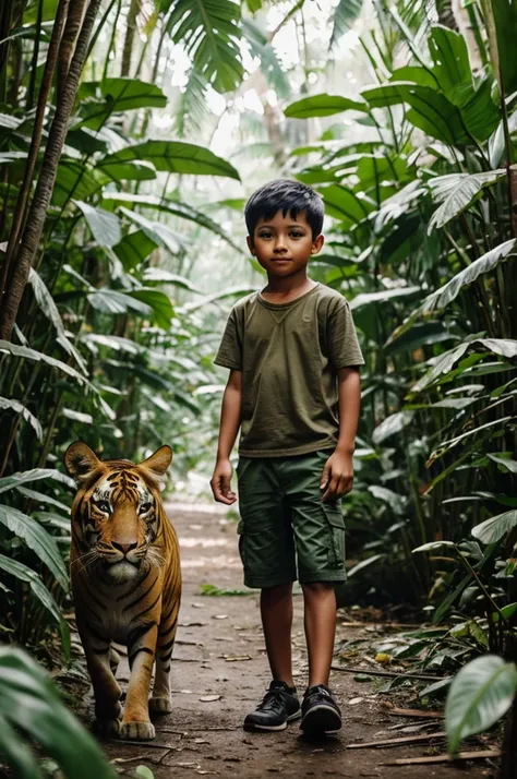 Kid and animals in jungle 