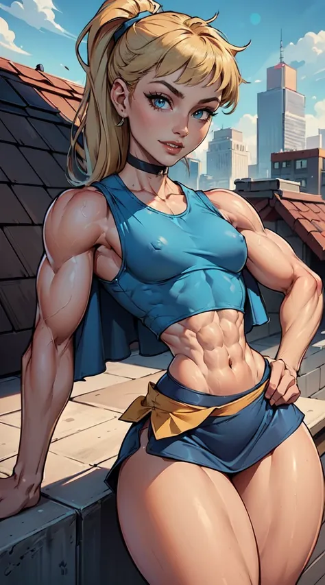 (Muscular:1.9), (thick thighs:1.8),
blonde female, (supergirl:1.2), (big smile:1.7), (blunt bangs), (ponytail:0.8),
earrings, lipstick, eyeshadow,
hard nipples, (small breasts:2),
(blue sleeveless tanktop, midriff, speedo with little skirt:1.9), (small cap...