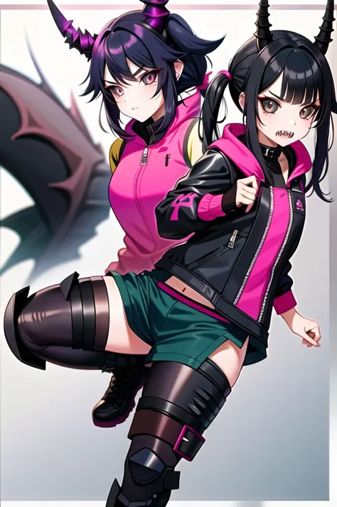 half dragon female with grey skin, with black hair pigtails style, with pink streaks, sharp teeth, biker outfit, dragon tail and dragon horns
