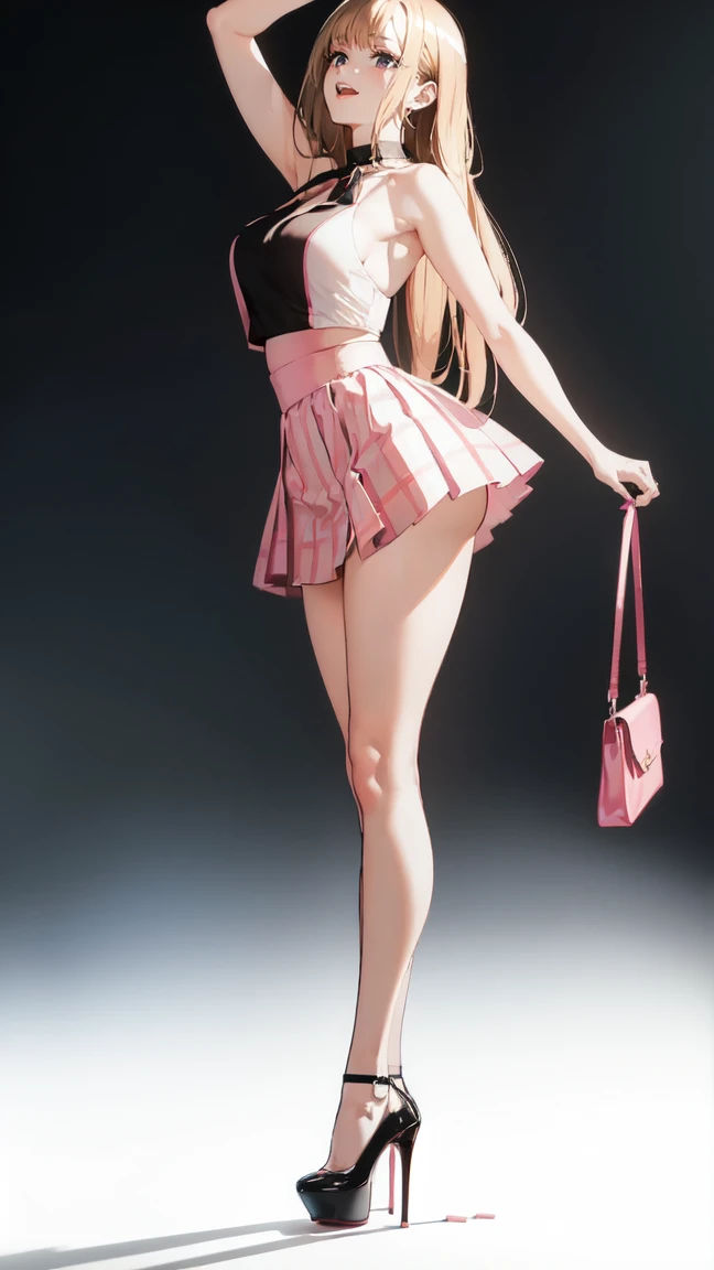 ((masterpiece, high resolution, better quality, better details)), ((Marin Kitagawa)), ((Smiling)), ((one girl)) a girl modeling standing, mini skirt, blouse, ((big neckline)), ((platform high heels)), pink eyes with black outline, (light blonde hair, strai...