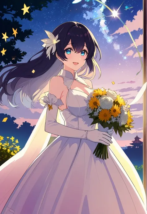 score_9, score_8_superior, score_7_superior, Wedding dress, White gloves, White Dress, garden, Are standing, Cowboy Shot, Holding a bouquet, smile, Open your mouth, Confetti, fire Fly (Honkai: Star Rail), firefly (Starry Sky Railway),hair ornaments,Black h...