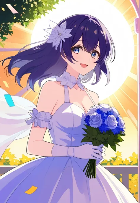 score_9, score_8_superior, score_7_superior, Wedding dress, White gloves, White Dress, garden, Are standing, Cowboy Shot, Holding a bouquet, smile, Open your mouth, Confetti, fire Fly (Honkai: Star Rail), firefly (Starry Sky Railway),hair ornaments,Black h...