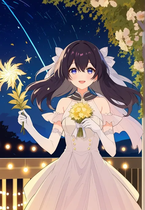 score_9, score_8_superior, score_7_superior, Wedding dress, White gloves, White Dress, garden, Are standing, Cowboy Shot, Holding a bouquet, smile, Open your mouth, Confetti, fire Fly (Honkai: Star Rail), firefly (Starry Sky Railway),hair ornaments,Black h...