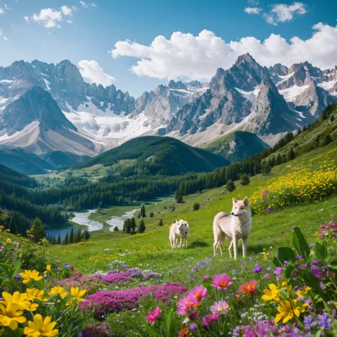 professional photos of a wolf among flowers, mountains in background :: highly detailed,shot on Hasselblad X1D-50c,ISO 100 --ar 3:2 --q 2 --v 4 -