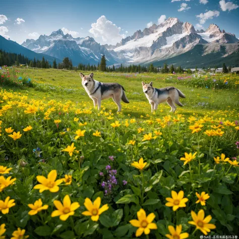 professional photos of a wolf among flowers, mountains in background :: highly detailed,shot on Hasselblad X1D-50c,ISO 100 --ar 3:2 --q 2 --v 4 -