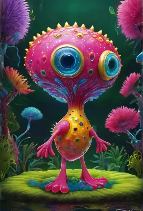 n a captivating art piece, a whimsical virtual regal amoeba blob creature takes center stage. by alex1shved This vibrant cartoon image showcases a charming and charismatic character, reminiscent of a blob-like organism. The virtual creation is brought to l...