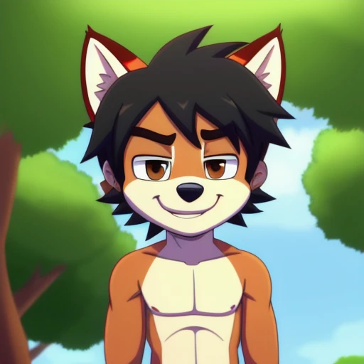 (Best Quality: 1.0), (super high resolution: 1.0), The second, Red Wolf, short black hair, Brown eyes, bare chest, (muscular:0.3), alone, smiling, looking to the camera, in the park at noon, Cartoon, naked showing his penis, normal size, gay nudes, gay, RI...