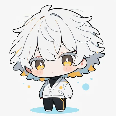 {{full body, dutch angle}} {{artist: kame_(kamepan44231)}} 1boy, chibi, white hair, short hair, yellow eyes, white cardigan, whi...