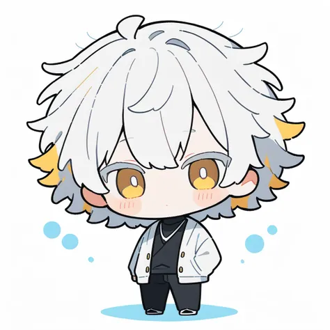 {{full body, dutch angle}} {{artist: kame_(kamepan44231)}} 1boy, chibi, white hair, short hair, yellow eyes, white cardigan, whi...