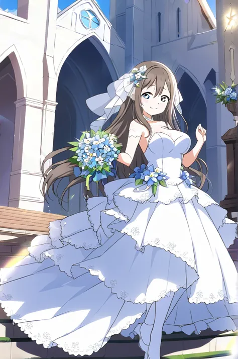 sakurazaka shizuku　dark brown hair　long hair　light blue eyes　whole body　white wedding dress　high quality　light blue flower bouqu...