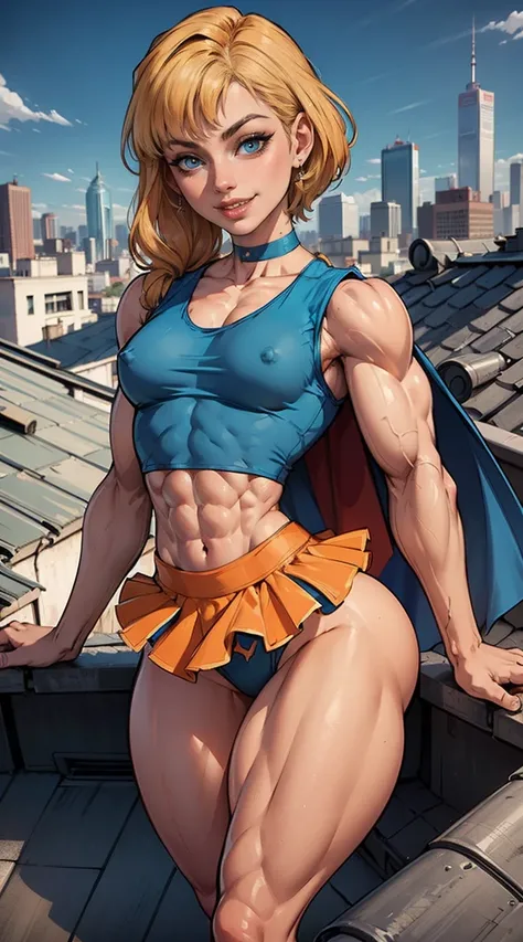 (Muscular:1.9), (thick thighs:1.8),
blonde female, (supergirl:1.2), (big smile:1.7), (blunt bangs), (ponytail:0.8),
earrings, lipstick, eyeshadow,
hard nipples, (small breasts:2),
(blue sleeveless tanktop, midriff, tutu:1.9), (small cape:1.3), (choker:1.2)...