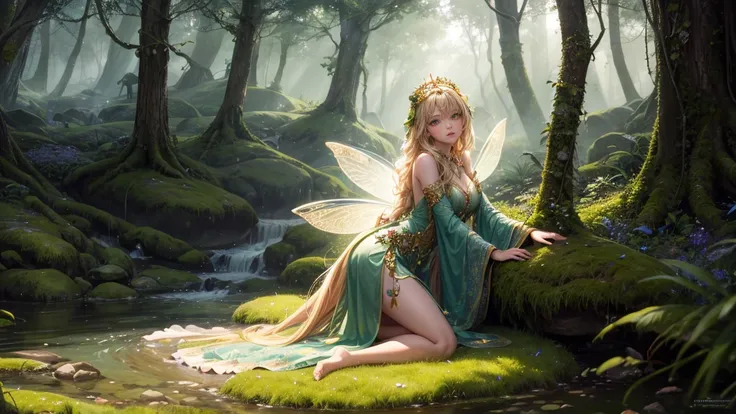 ( Absurd, high quality, Super detailed, masterpiece, Concept Art, Smooth, Highly detailed artwork, Hyperrealistic painting ) ,In an enchanted forest, beautiful sunlight filters through the trees. In the center, a fairy woman with long blonde hair sits on a...