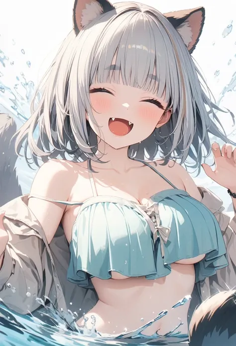 (best quarity,ultra detailed,ultra-high-resolution, absolutely resolution,8k, masterpiece),anime,(pale colors:1.8),long shot, 1girl, solo, cat mouth, hands up, shoulder-deep in water, smile, closed eyes, opened mouth, fang, blue hair, bobcut, straight hair...